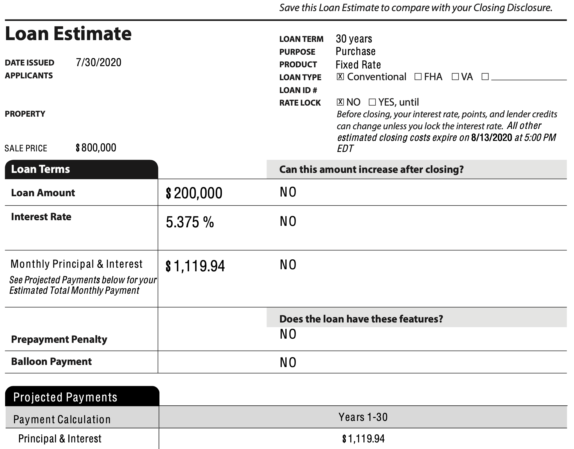 Loan Estimate snapshot