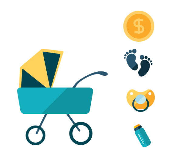 image of baby stroller, money symbol, a pacifier, and baby footprints