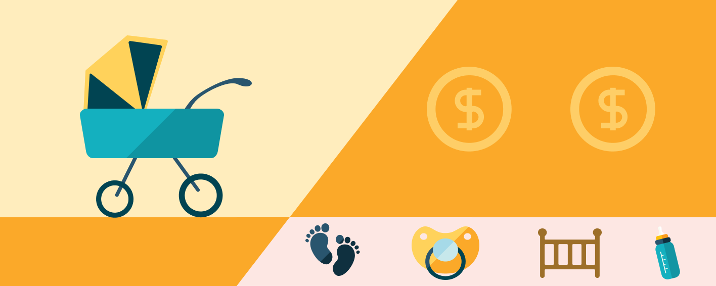 image of baby stroller, money symbol, pacifier, and baby footprints